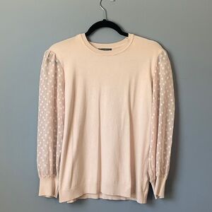 Elegant Adrianna Papell Light Pink Sweater with Sheer Polka Dot Sleeves